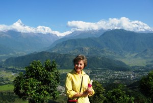 Linda in Pokhara-overlooking the valley-Mt Fishtail & Annapurna range